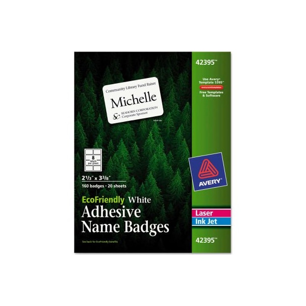 Avery Avery EcoFriendly Name Badge Labels, 2-1/3" x 3-3/8, White, 160/Box 42395 - main